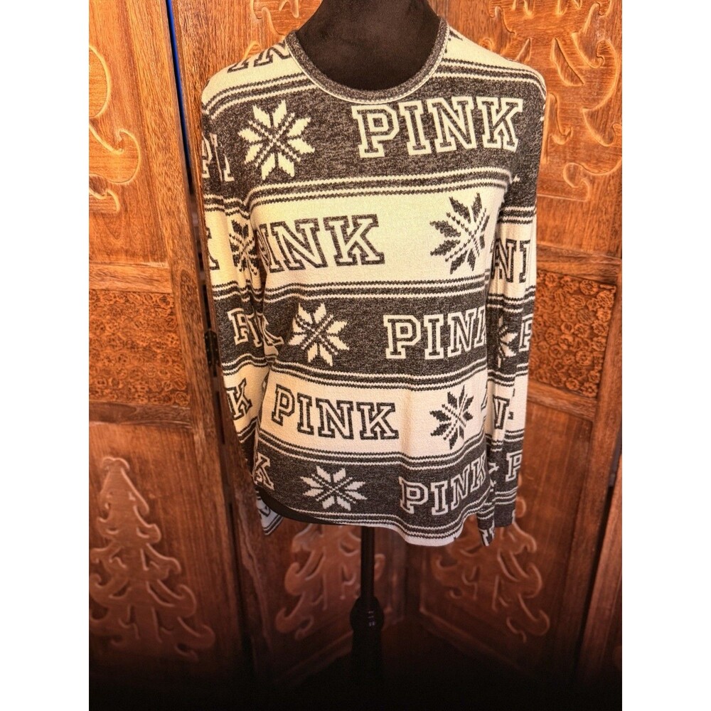 Victorias Secret Pink Womens Thermal Henley Top Size M White Black LB